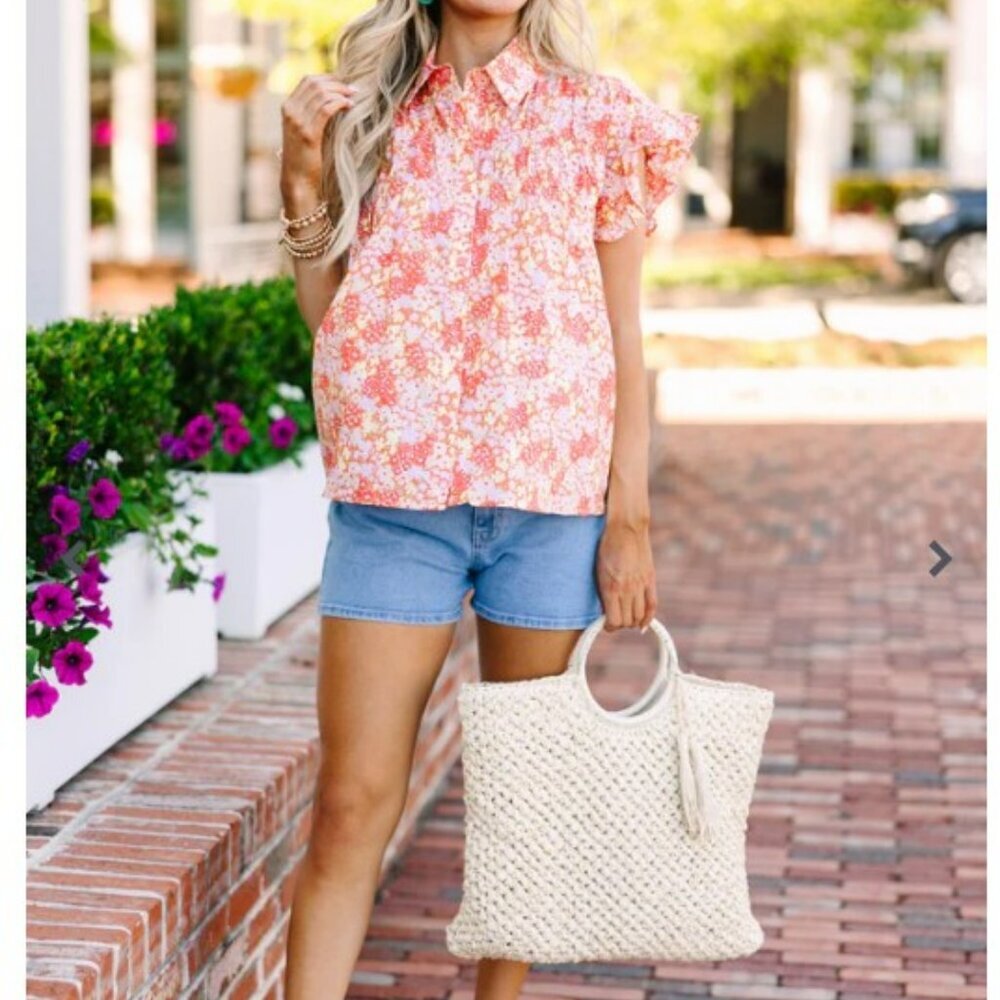 FATE Show The‎ Way Orange Ditsy Floral Ruffle Sleeve Lightweight Blouse Size S
